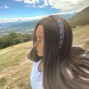 Artisan Handcrafted Navy Blue Geometric Paisley  Silk Headband 1.25"W